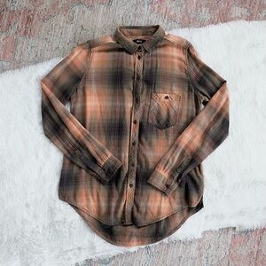 BDG Polly Plaid Long Sleeve Button Shirt Black Brown Orange S
